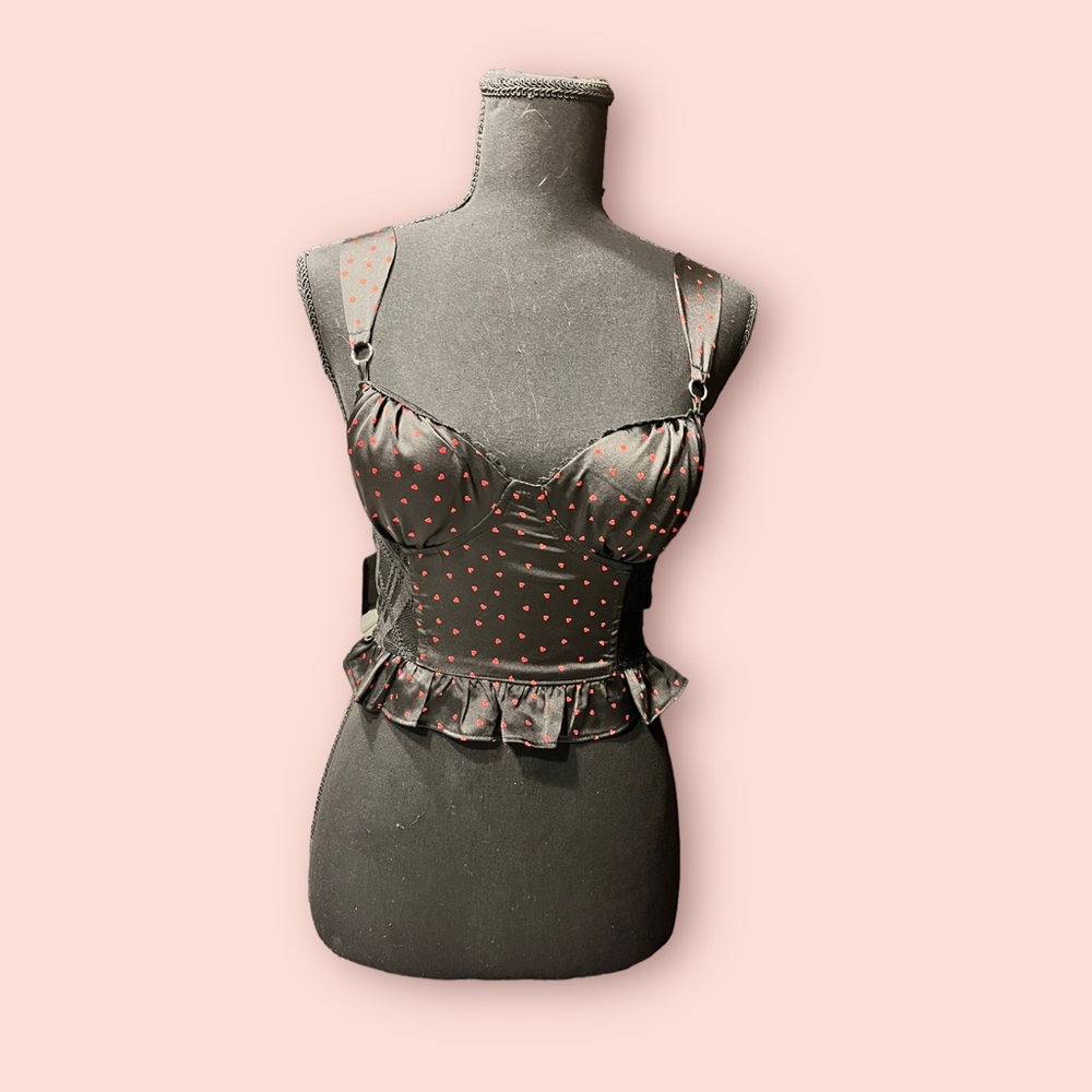 O.L.M. Corset tank top, satin black w/ red hearts. Size XS